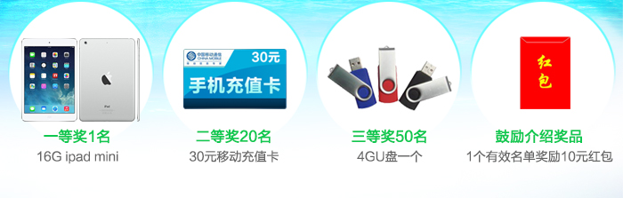 一等奖1名：16G ipad mini，二等奖20名：
30元移动充值卡，三等奖50名：4GU盘一个，鼓励介绍奖品：1个有效名单奖励10元红包